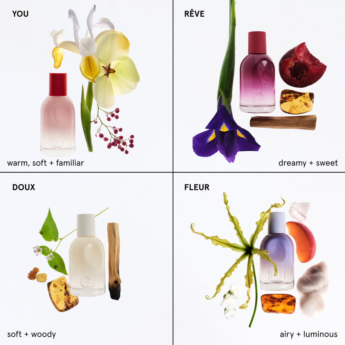 Glossier You Mini Wardrobe Fragrance Set - 4 Unisex Travel Size Eau de Parfum for Women & Men - Skin-Scent Enhancer Perfume Sampler, Smells Different on Everyone - You, Fleur, Doux, Rêve - 1.5ml Each - Maple Wellness Supplements