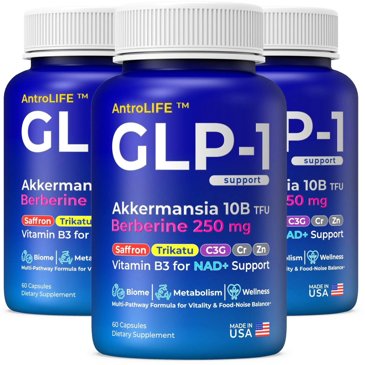 GLP-1 Support – Akkermansia Postbiotic 10B TFU + Berberine HCl 250 mg | 18-Ingredient System | Appetite, Mood & Metabolic Support | Inulin-Free | Saffron, NAD+ Cofactors | 3 Pack | 90-Day Supply - Maple Wellness Supplements