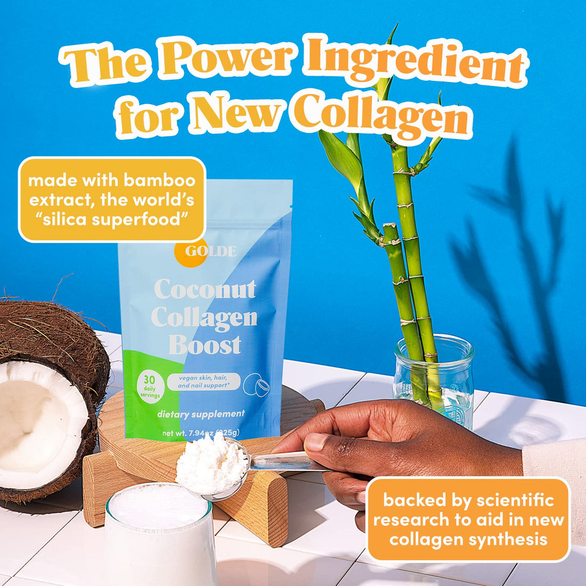 GOLDE - Collagen Boost Vegan Creamer - Vanilla Cream - Plant Based Collagen Supplement w/Hyaluronic Acid, Biotin, & Bamboo Extract - Zero Sugar - Supports Hair, Skin, & Nail Health - 15 Servings - Maple Wellness Supplements