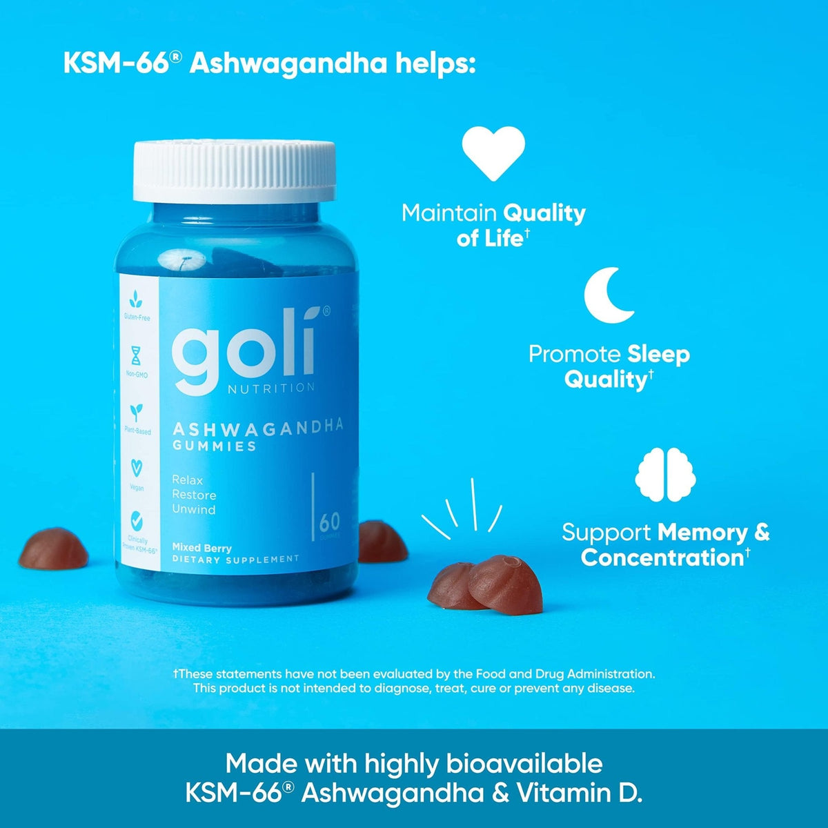 Goli Ashwagandha & Vitamin D Gummy - 60 Count - Mixed Berry, KSM-66, Vegan, Plant Based, Non-GMO, Gluten-Free & Gelatin Free Relax. Restore. Unwind, Pack of 1 - Maple Wellness Supplements