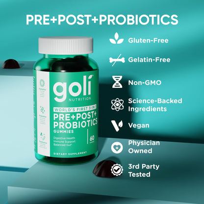 Goli Pre Pro Postbiotic Gummies - Worlds First 3-in-1 Formula with DE111 Probiotics, XOS Prebiotics, MCC1849 Postbiotics - Vegan, Non-GMO, Gluten-Free - Maple Wellness Supplements