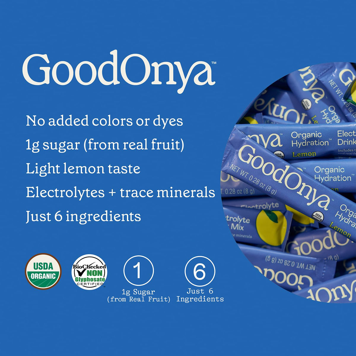 GOODONYA Organic Hydration Electrolyte Drink Mix, Certified Organic Hydration Powder, Non-GMO, Biochecked Glyphosate Free, Low Sugar, Lemonade Flavor, No Artificial Flavors,12 Stick Packs - Maple Wellness Supplements