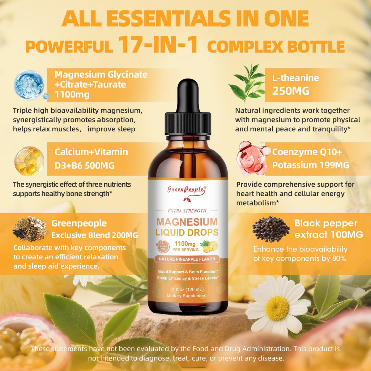 GREENPEOPLE 17-in-1 Triple Magnesium Complex Supplement,Magnesio Liquid Drops with Magnesium Glycinate & Citrate,Pineapple Flavor,Calm Mood,Muscle & Sleep for Adults,4 fl. oz 2Pack - Maple Wellness Supplements