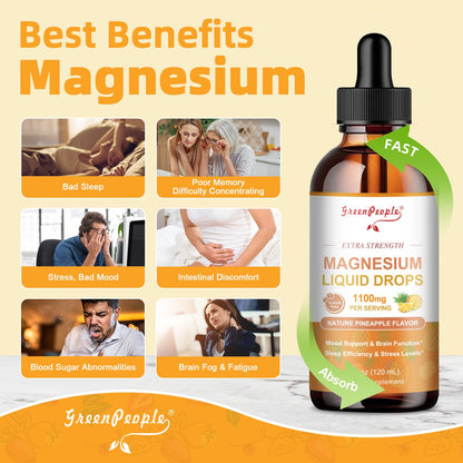 GREENPEOPLE 17-in-1 Triple Magnesium Complex Supplement,Magnesio Liquid Drops with Magnesium Glycinate & Citrate,Pineapple Flavor,Calm Mood,Muscle & Sleep for Adults,4 fl. oz 2Pack - Maple Wellness Supplements