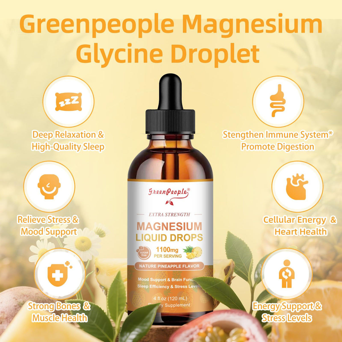 GREENPEOPLE 17-in-1 Triple Magnesium Complex Supplement,Magnesio Liquid Drops with Magnesium Glycinate & Citrate,Pineapple Flavor,Calm Mood,Muscle & Sleep for Adults,4 fl. oz 2Pack - Maple Wellness Supplements