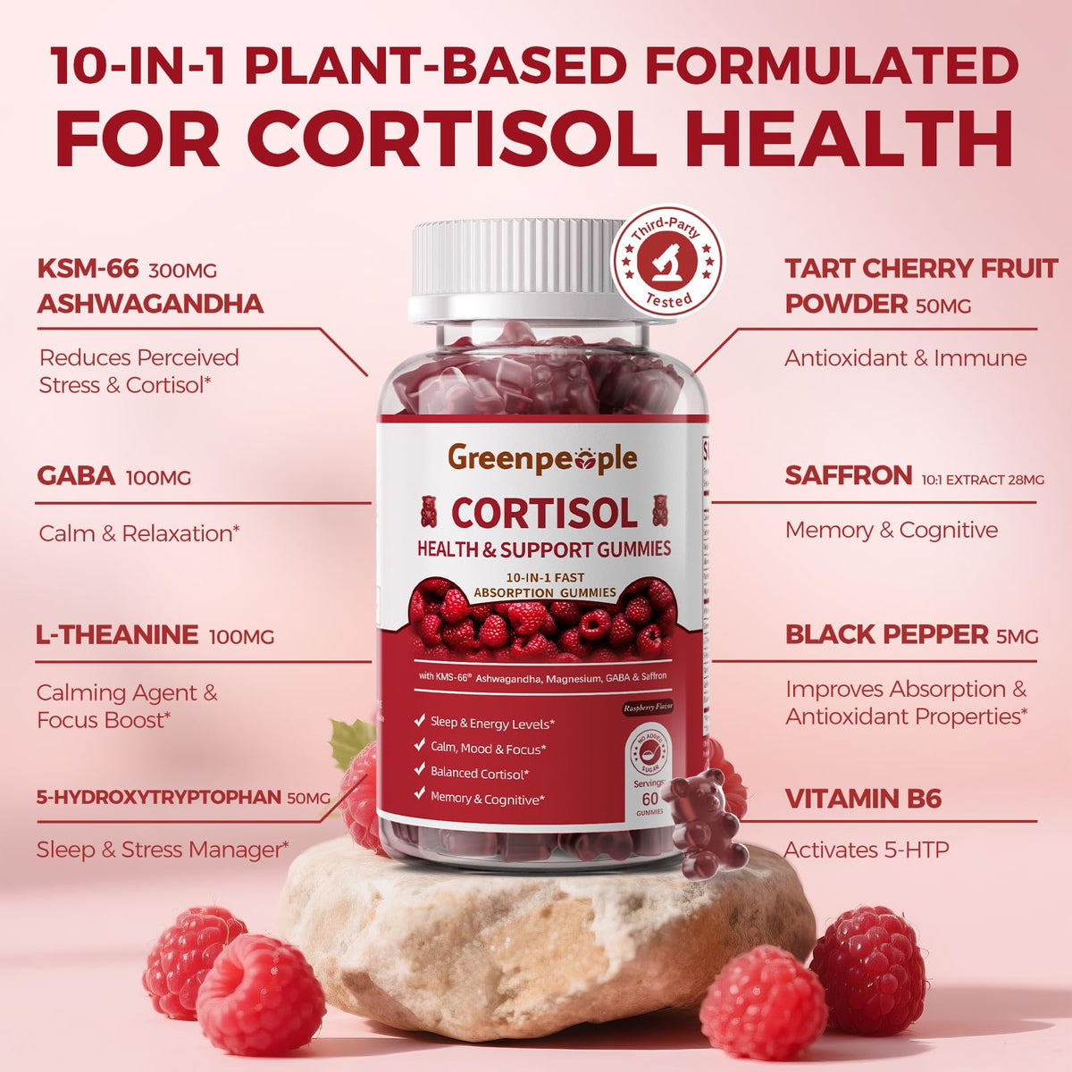 GREENPEOPLE Cortisol Supplements for Women & Men - Cortisol Reducer Detox Manager w/KSM-66 Ashwagandha/Magnesium/L-theanine/GABA/Vitamin B6 for Mood/Sleep/Stress Relief 60 CT Raspberry Flavor Gummies - Maple Wellness Supplements
