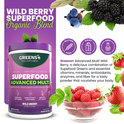 Greens+ Advanced Multi Wild Berry Superfood Powder, Organic Blend, Vegan, Non-GMO, Soy-Free, Dairy-Free, Gluten-Free, Dietary Supplement with Vitamins & Minerals, 9.4 oz - Maple Wellness Supplements