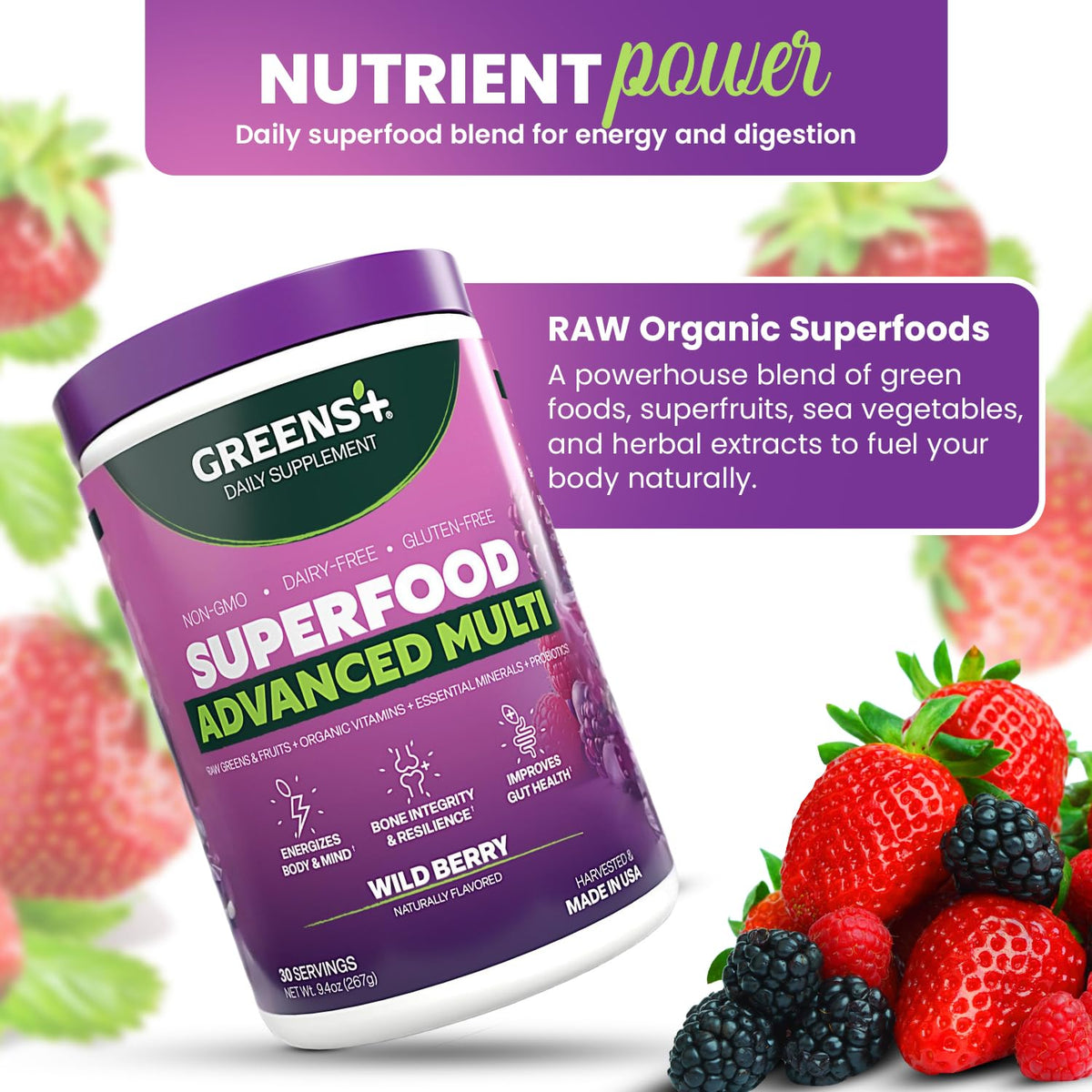 Greens+ Advanced Multi Wild Berry Superfood Powder, Organic Blend, Vegan, Non-GMO, Soy-Free, Dairy-Free, Gluten-Free, Dietary Supplement with Vitamins & Minerals, 9.4 oz - Maple Wellness Supplements