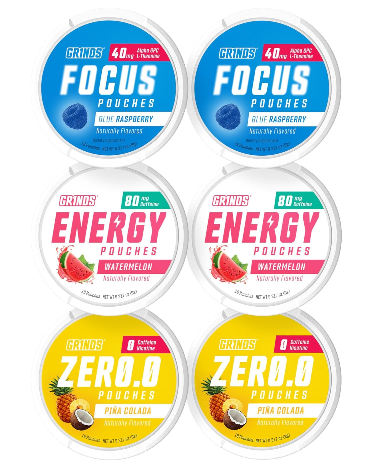 GRINDS Pouches Performance Sampler Pack - Includes Watermelon Energy, Caffeine-Free Piña Colada and Blue Raspberry Nootropic Pouches - Sugar-Free - Zero Calories - Maple Wellness Supplements