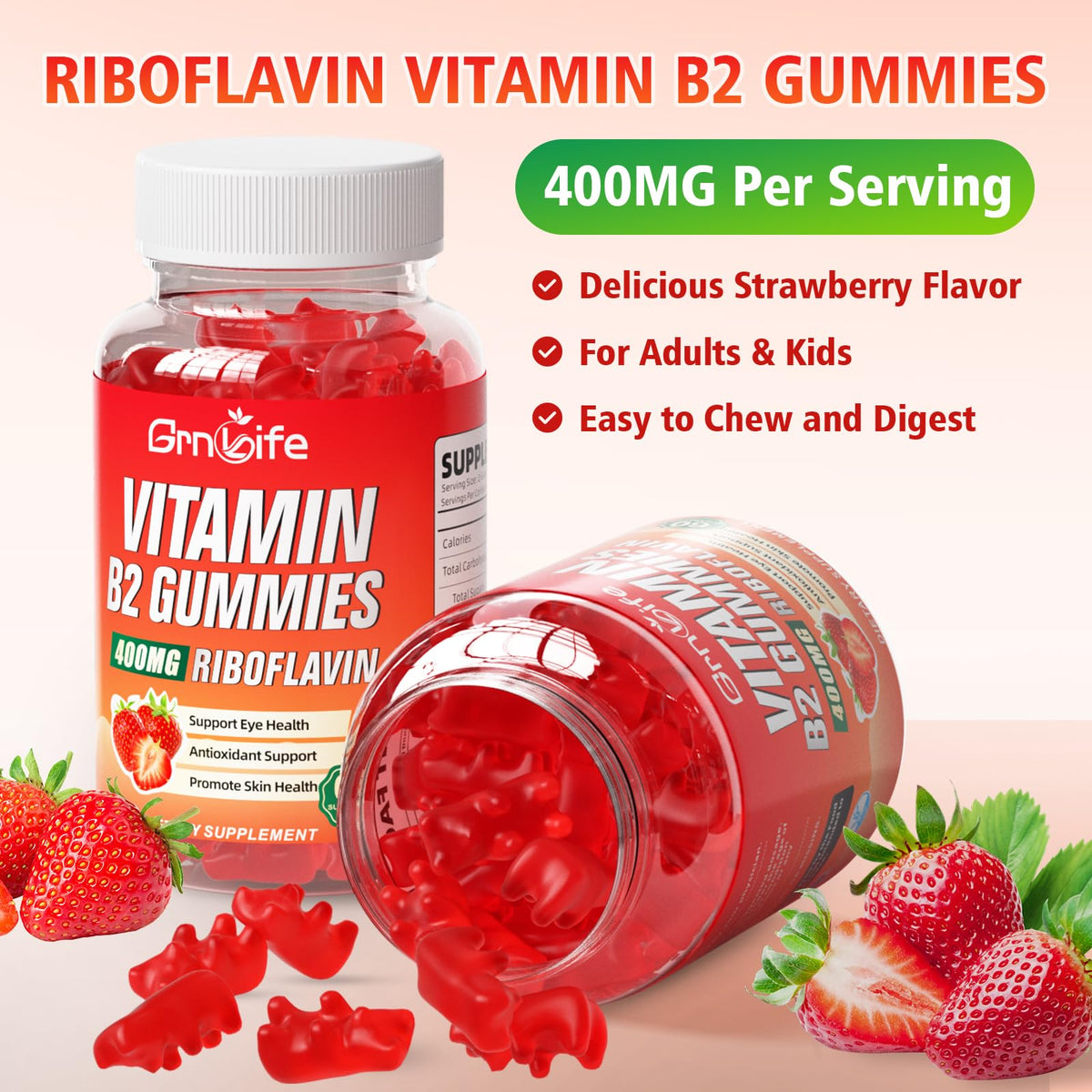 GrnLife 2 Pack Vitamin B2 Gummies, Riboflavin 400mg with Magnesium for Kids & Adults, Migraine Relief & Energy Support - Maple Wellness Supplements