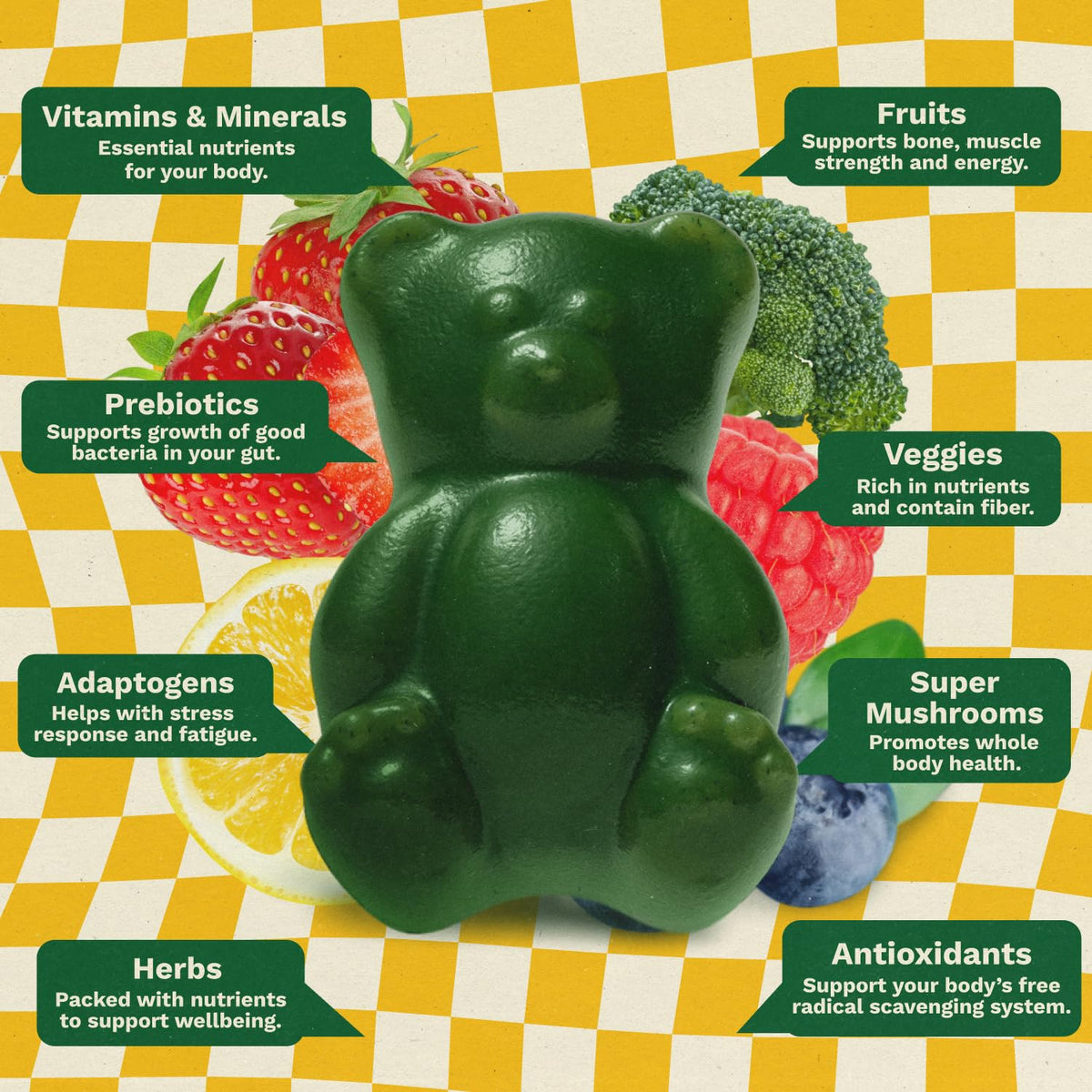 Gruns Multivitamin for Kids, Super Greens Gummies, Superfood Gummy Bears with 20+ Vitamins & Minerals, Spirulina, Chlorella, Alfalfa, Prebiotics Fiber for Digestive Health - Maple Wellness Supplements
