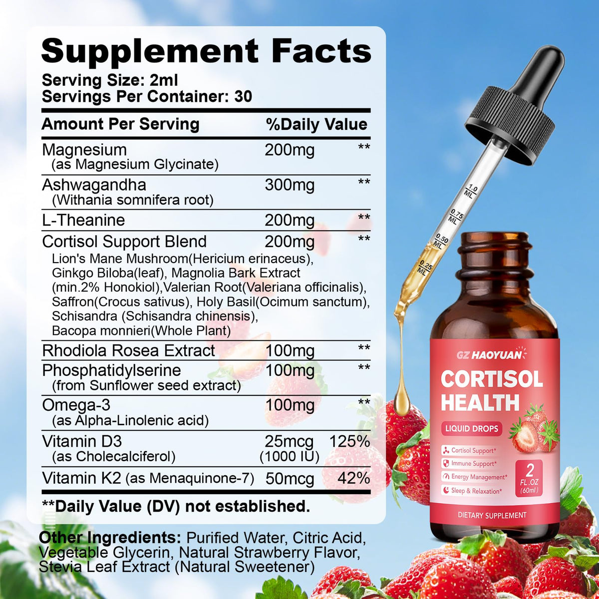 GZ HAOYUAN Cortisol Supplement Liquid Drops for Women and Men with Magnesium, Ashwagandha, L-theanine, Phosphatidylserine for Lower Cortisol, Calm, Mood, Sleep Support - 2 FL.OZ, Strawberry - Maple Wellness Supplements