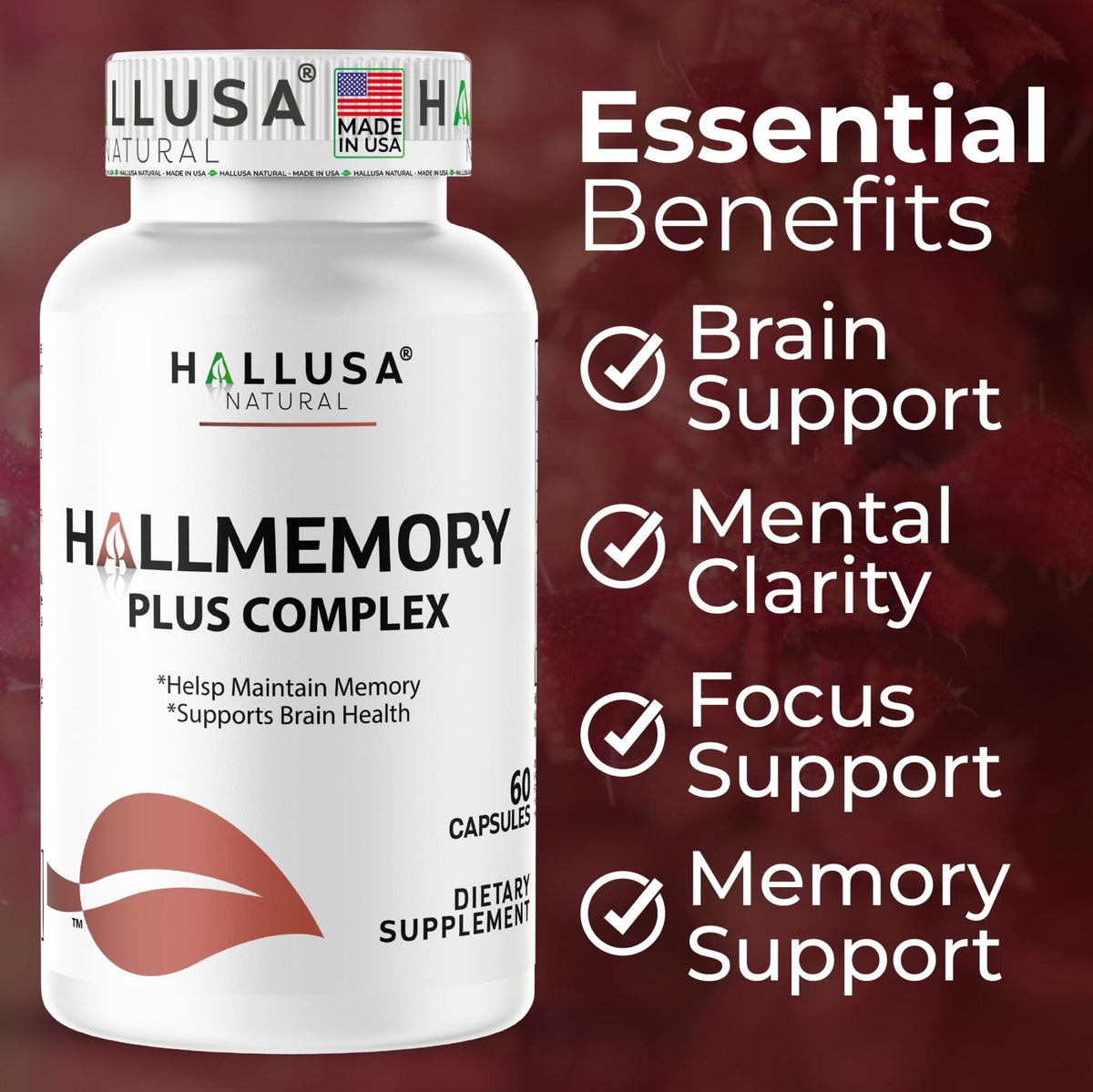 Hallusa Natural Brain Health Supplement Capsules 1680mg, Ginkgo Biloba, B Vitamins & Choline, Memory & Focus Support, Brain Booster for Men & Women, 60 Count - Maple Wellness Supplements