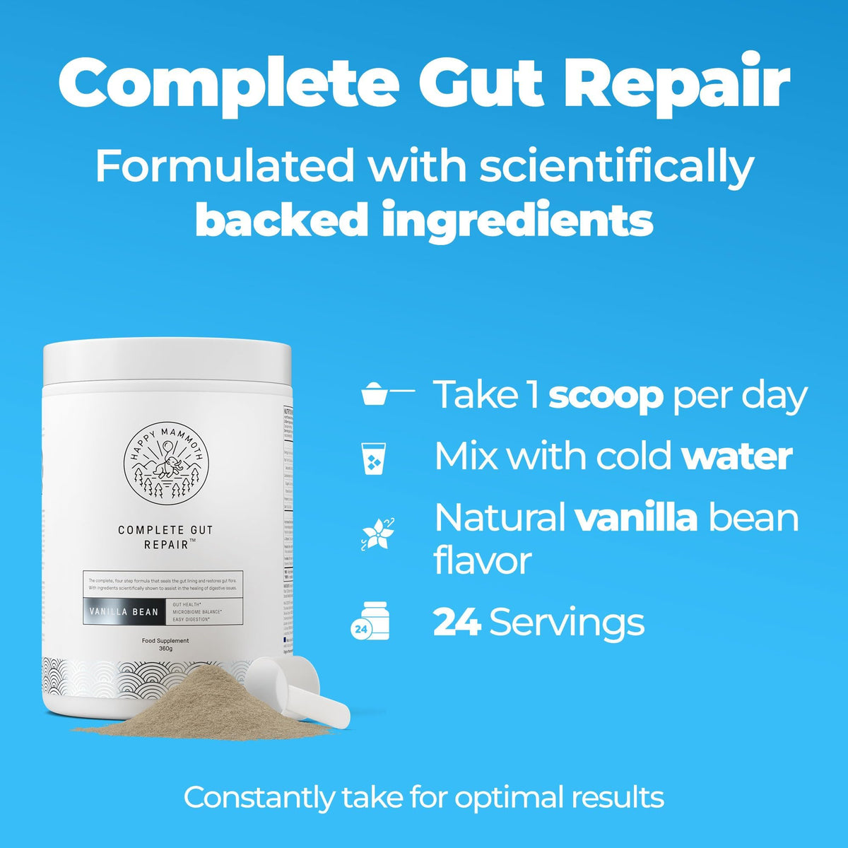 Happy Mammoth Complete Gut Repair Probiotic, Prebiotic, Fiber & Collagen Supplement for Gut Health, Digestion, Healthy Gut Microbiome, Reduces Constipation & Bloating 24 Servings, Vanilla Flavor - Maple Wellness Supplements