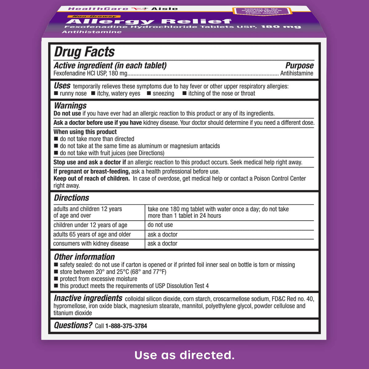 HealthCareAisle Allergy Relief - Fexofenadine Hydrochloride Tablets USP, 180 mg, 90 Tablets, Allergy Medication, Non-Drowsy 24-Hour Relief - Maple Wellness Supplements