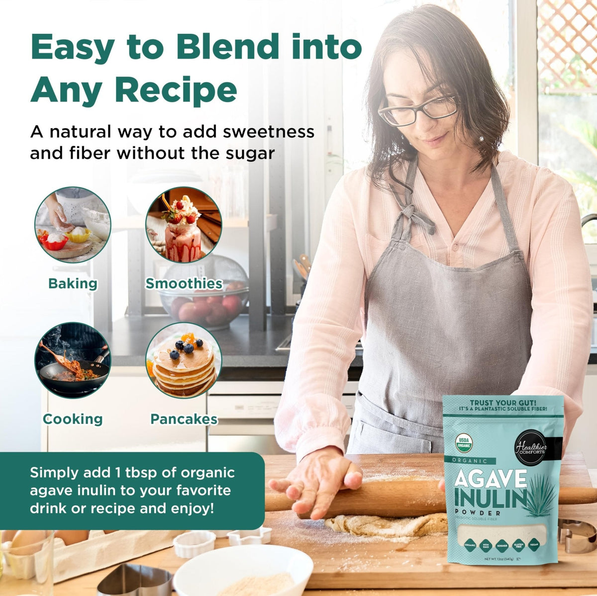 Healthier Comforts Organic Inulin Powder (12 oz) from Blue Agave | Soluble Prebiotic Fiber, Gentle on Digestion, Non-GMO | Perfect for Coffee, Baking & Cooking - Maple Wellness Supplements