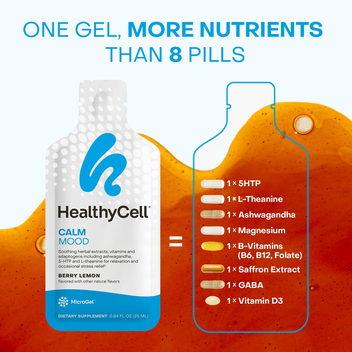 Healthycell Calm Mood Daily Liquid Supplement - Cortisol Manager & Mood Support Supplement for Stress with Ashwagandha, L-Theanine, Magnesium, 5-HTP, GABA & Saffron - 14 Gel Packs - Maple Wellness Supplements