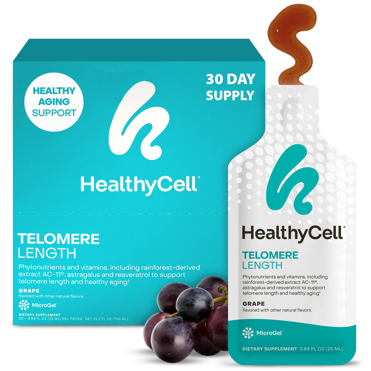 HealthyCell Telomere Length Supplement - Anti-Aging Telomere Lengthening Supplements with Phytonutrients & Vitamins for Cellular Health - AC-11, Astragalus & Resveratrol - 30 Gel Packs, Grape Flavored - Maple Wellness Supplements
