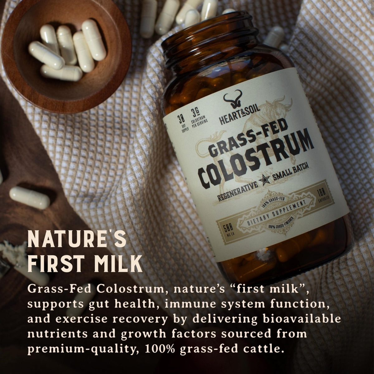 HEART & SOIL 100% Grass Fed & Finished Colostrum Supplement from Regenerative Cattle for Gut, Muscle & Immune Health – 3000mg Bovine Colostrum Capsules - Gut Health for Men & Women –180 Capsules - Maple Wellness Supplements