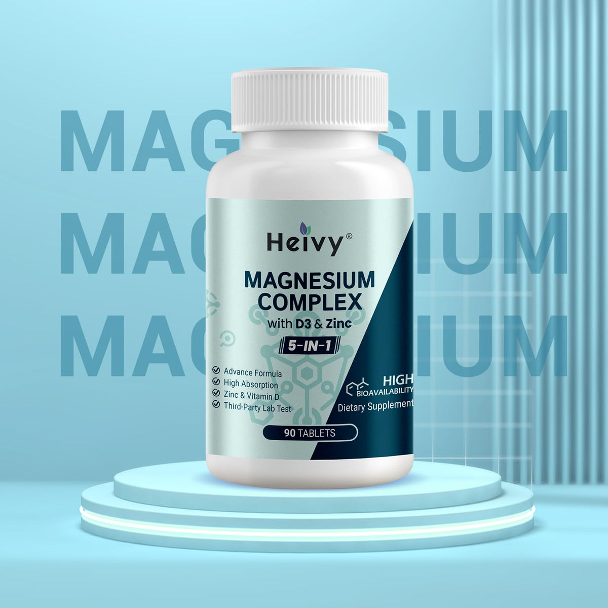 Heivy Magnesium Complex, Magnesium Glycinate, Citrate, Malate, Oxide, Gluconate with Zinc and Vitamin D3, Magnesium Supplement for Muscle, Nerve, Heart, Bone Support, High Absorption, 90 Tablets - Maple Wellness Supplements