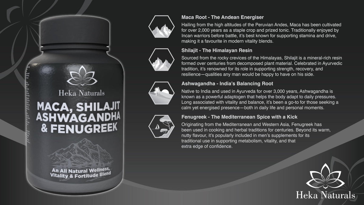 Heka Naturals Male Botanical Complex | 90 Capsules with Ashwagandha, Maca Root, Fenugreek & Shilajit | Traditional Plant-Based Ingredients for Active Lifestyles | Food Supplement - Maple Wellness Supplements