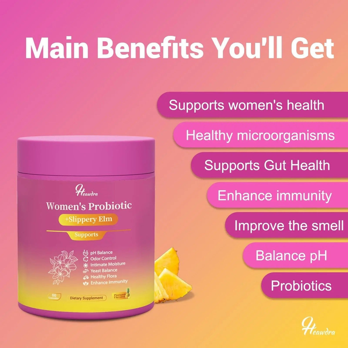 Her Juicy Women's Probiotic Gummies: Supports Women’s Wellness & pH Balance, Clean Vegan, Pineapple Flavor, Prebiotics & Lactobacillus Blend, with Slippery Elm, Gut Health & Immune Defense, 60 Gummies - Maple Wellness Supplements