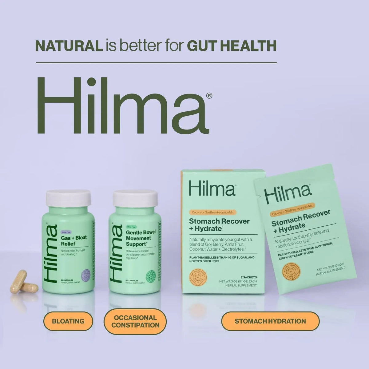Hilma Natural Gas and Bloating Relief for Women, Doctor Formulated with Organic Ingredients, Lemon Balm, Fennel and Peppermint Leaf, 50 Vegan Capsules - Maple Wellness Supplements