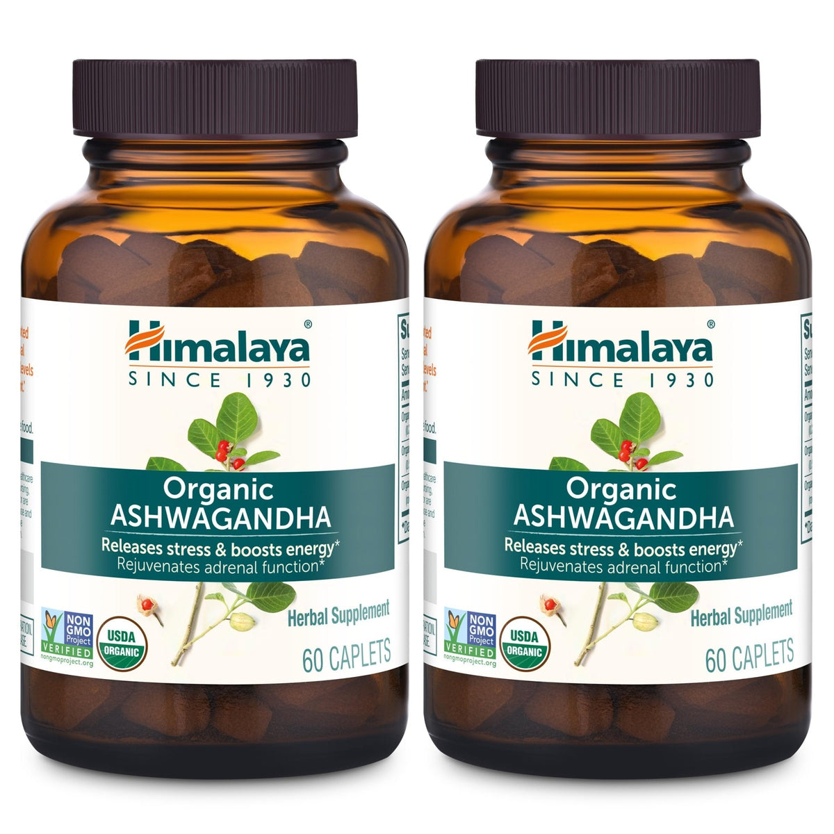 Himalaya Organic Ashwagandha Root, 120 Day Supply - Herbal Adrenal Support Supplements for Stress Relief and Energy Support - USDA Organic, Non-GMO, Vegan, Gluten Free, 60 Caplets, 2 Pack - Maple Wellness Supplements