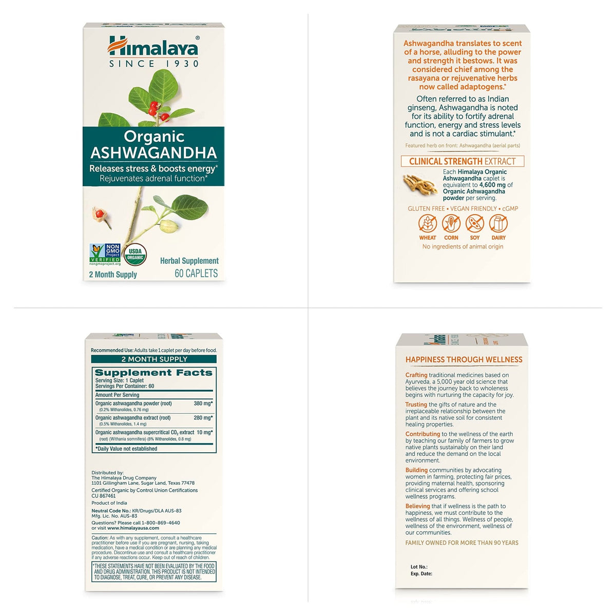 Himalaya Organic Ashwagandha Root, 120 Day Supply - Herbal Adrenal Support Supplements for Stress Relief and Energy Support - USDA Organic, Non-GMO, Vegan, Gluten Free, 60 Caplets, 2 Pack - Maple Wellness Supplements