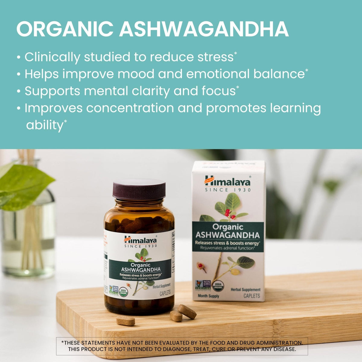 Himalaya Organic Ashwagandha Root, 120 Day Supply - Herbal Adrenal Support Supplements for Stress Relief and Energy Support - USDA Organic, Non-GMO, Vegan, Gluten Free, 60 Caplets, 2 Pack - Maple Wellness Supplements