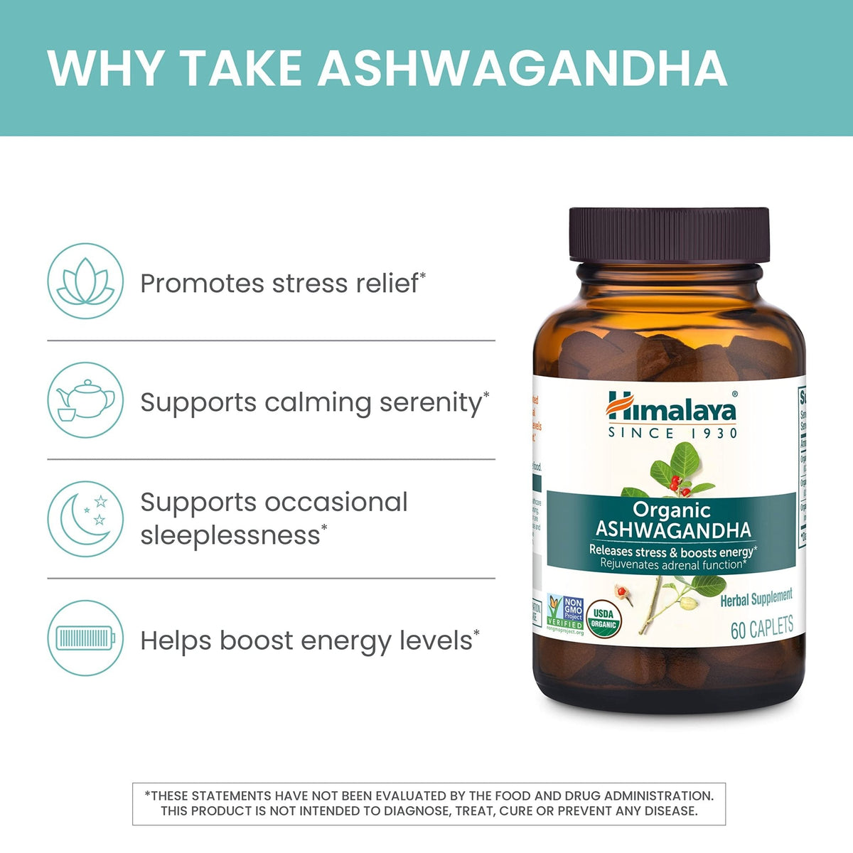 Himalaya Organic Ashwagandha Root - Adrenal Support, Stress Relief, Vegan, Non-GMO - 670 mg, 60 Caplets - Maple Wellness Supplements