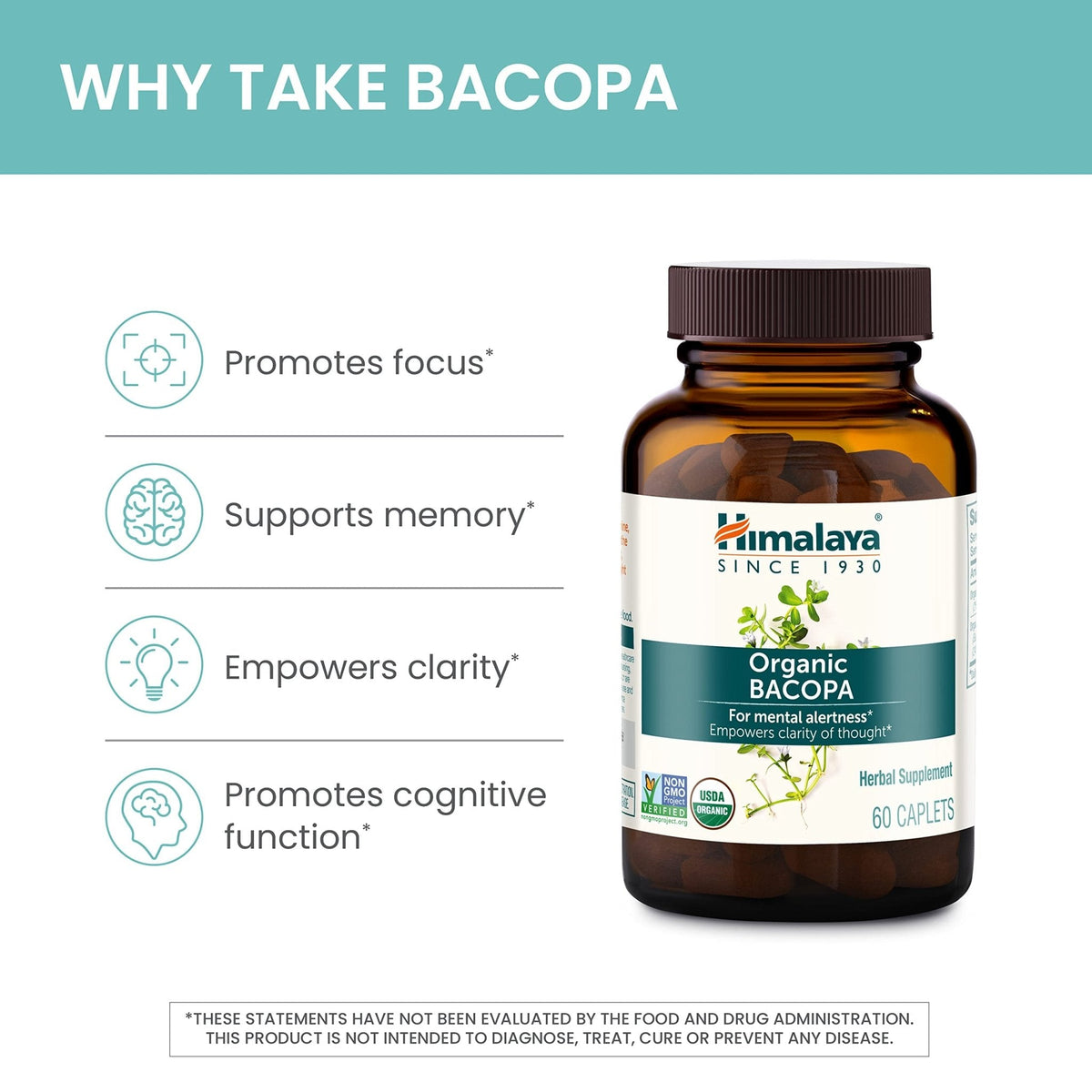 Himalaya Organic Bacopa Monnieri Nootropic Herbal Supplement, Supports Calm, Memory, Cognition, USDA Certified Organic, Non-GMO, 750 mg - Maple Wellness Supplements