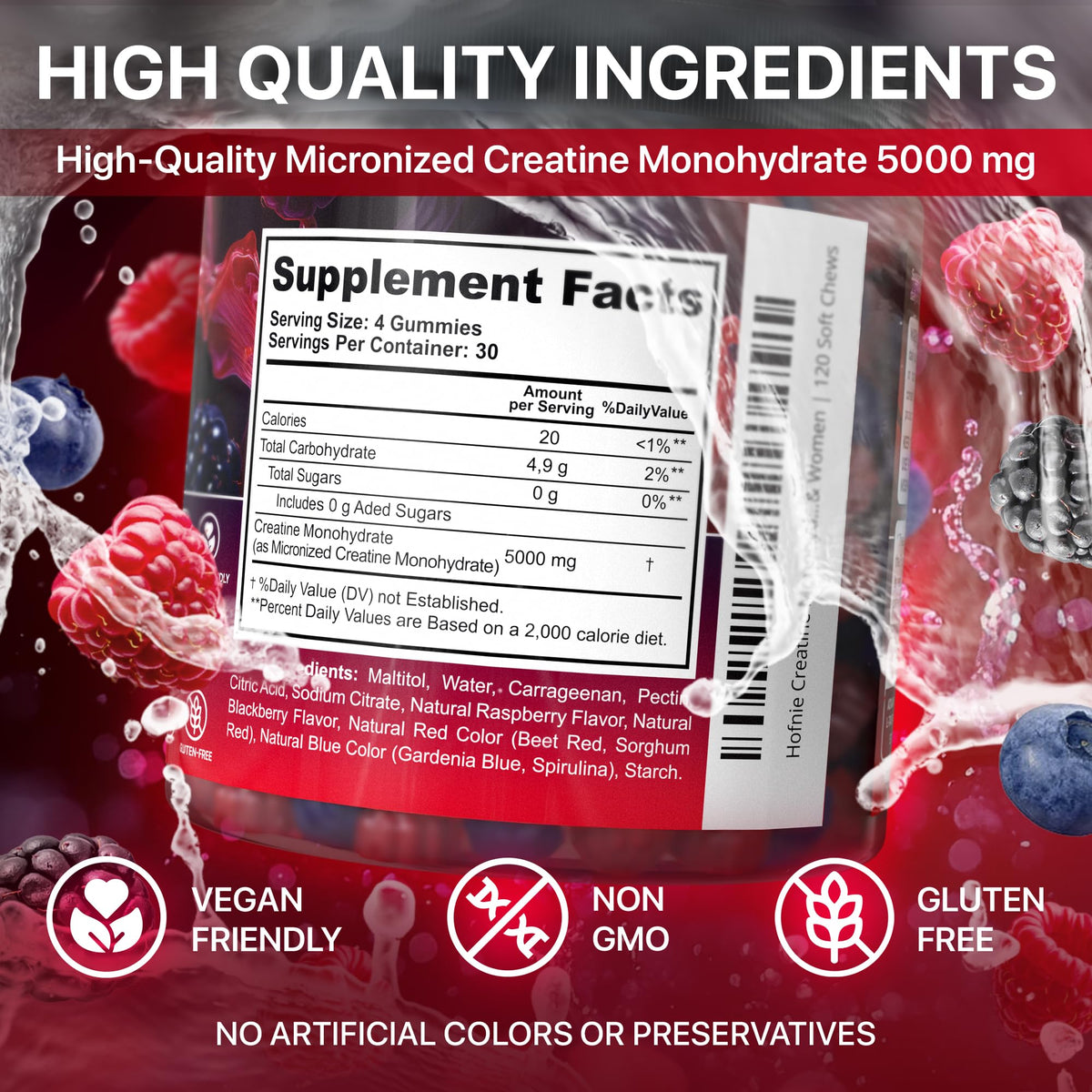 Hofnie Creatine Monohydrate Gummies 5000 mg – Vegan, Sugar-Free Pre Workout Creatine for Men & Women – Raspberry & BlackBerry Flavored Chewable Creatine Monohydrate, 120 Gummies (30-Day Supply) - Maple Wellness Supplements