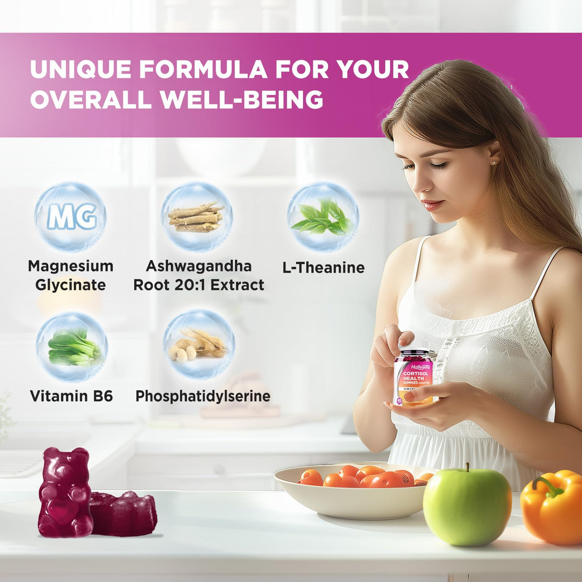 HOLLEGEND Cortisol Supplements for Women Men, Cortisol Gummies with Ashwagandha, Magnesium, L-Theanine, Phosphatidylserine, B6 for Cortisol Detox, Relaxation, Sleep, Focus, Sugar-Free, Vegan, 60 - Maple Wellness Supplements