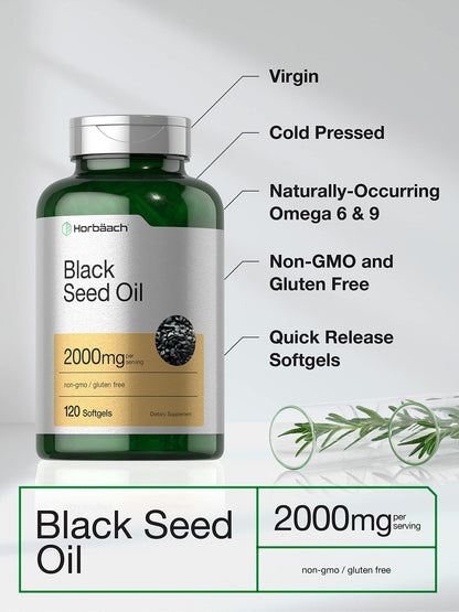 Horbaach Black Seed Oil Cold Pressed Softgel Capsules | 2000mg | 120 Count | Supplement with Omega 6 and 9 | Nigella Sativa - Maple Wellness Supplements