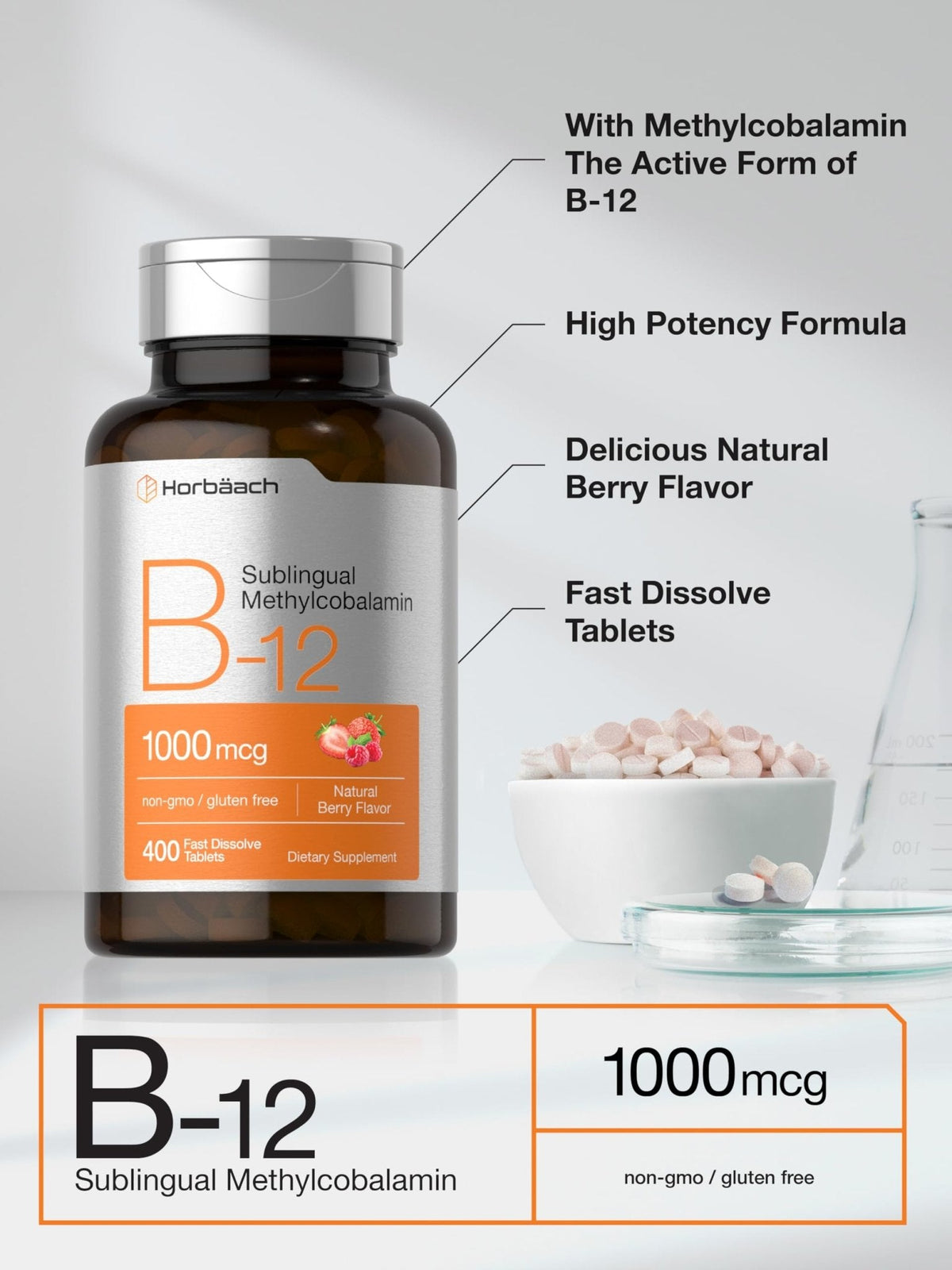 Horbaach Vitamin B12 1000 mcg Sublingual | 400 Fast Dissolve Tablets | Methylcobalamin Supplement for Women and Men - Maple Wellness Supplements