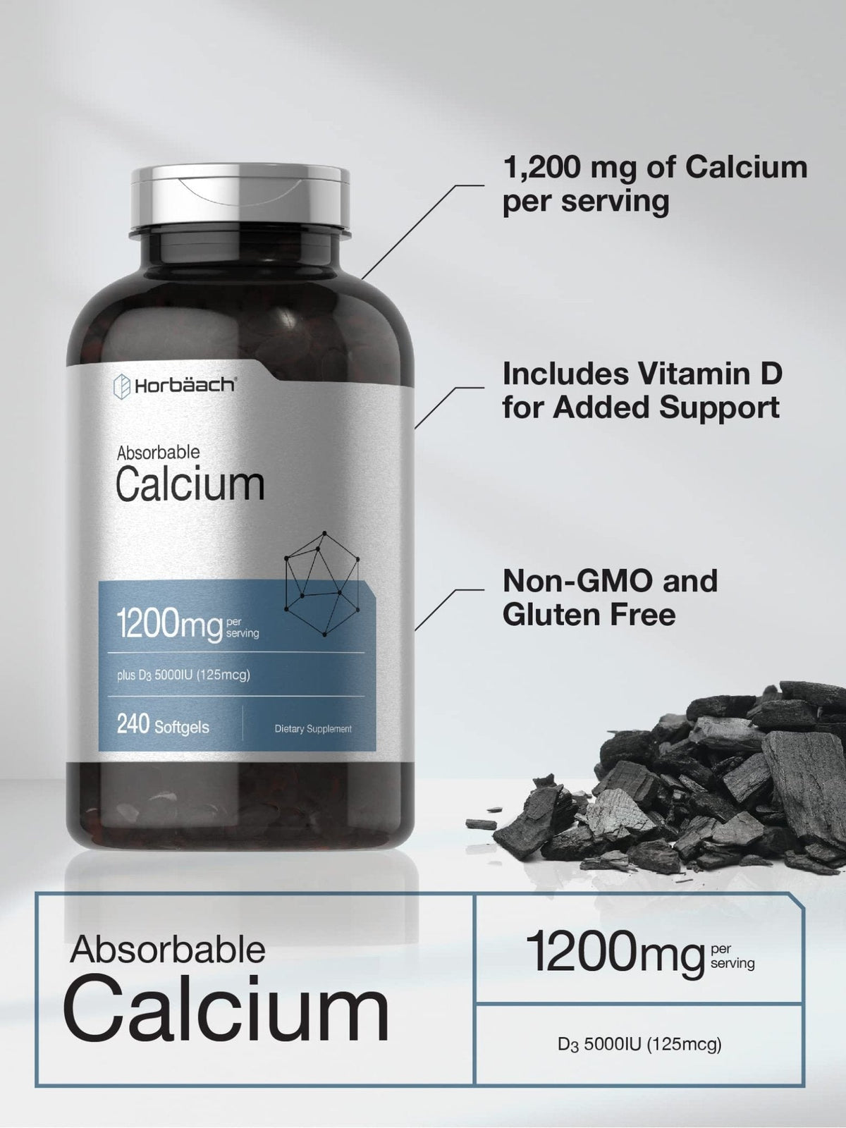 Horbäach Calcium 1200 mg with Vitamin D3 | 240 Softgels | 5000 IU Vitamin D3 | Absorbable Calcium Supplement for Women and Men - Maple Wellness Supplements
