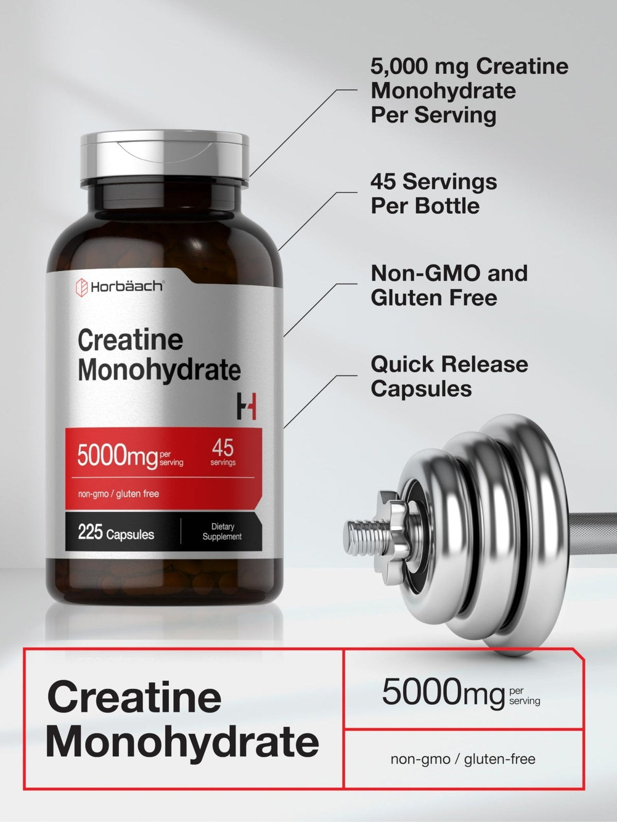 Horbäach Creatine Monohydrate | 5g | 225 Capsules | Non-GMO, Gluten Free Supplement - Maple Wellness Supplements