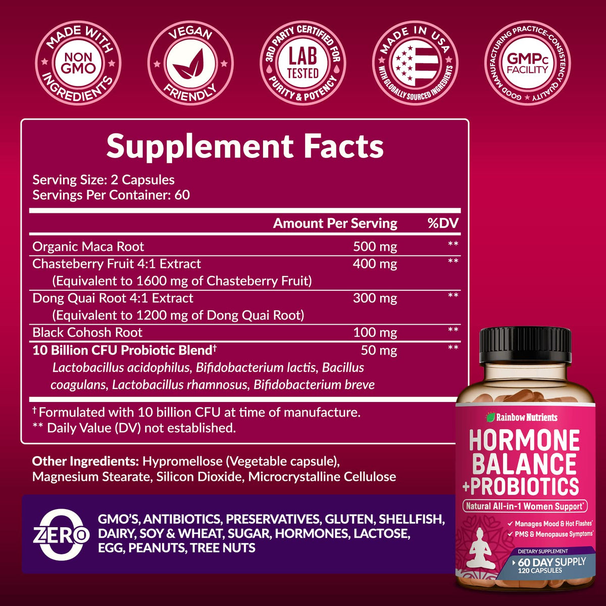 Hormone Balance + Probiotics for Women- Natural Menopause Relief, Weight Management, Bloating, Hot Flashes, PMS | Organic Maca, Chasteberry, Dong Quai & Black Cohosh | Non GMO |120 V Capsules - Maple Wellness Supplements