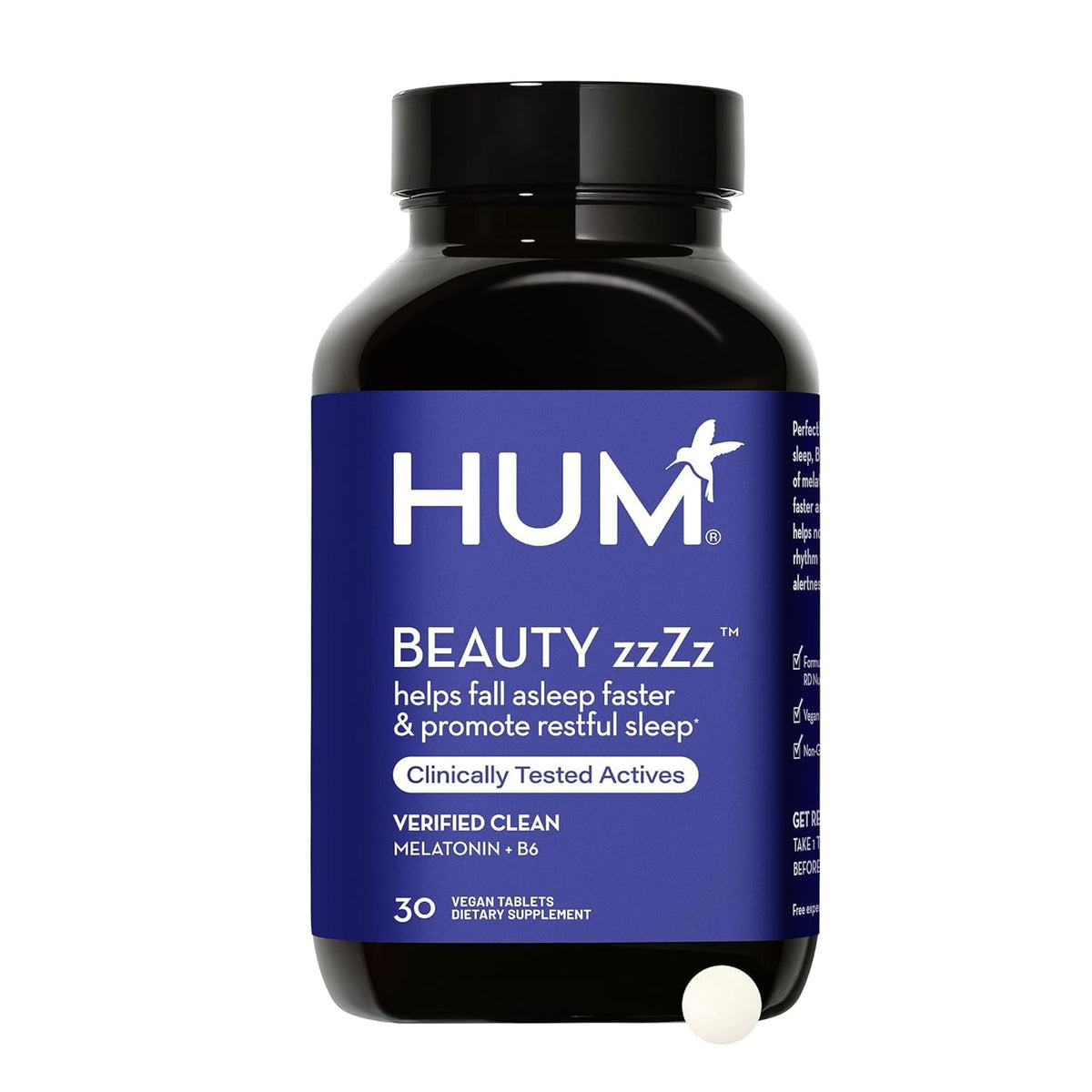 HUM Beauty zzZz Melatonin Sleep Supplement for Adults with Melatonin 3mg, Vitamin B6 and Calcium, Vegan, Gluten Free, Non GMO Sleep Support Tablets for Adults and Beauty Rest, 30 Vegan Tablets - Maple Wellness Supplements