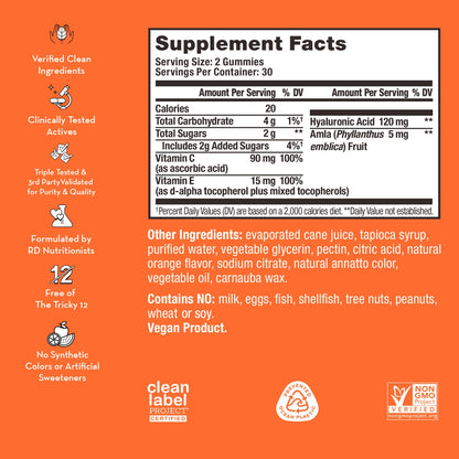 HUM Hyaluronic Glow Hydrating Skin Care Supplement, with Low Molecular Hyaluronic Acid, Vitamin C from Amla Fruit, and Vitamin E, Antioxidant Support for Skin Hydration, Tangerine, 60 Vegan Gummies - Maple Wellness Supplements
