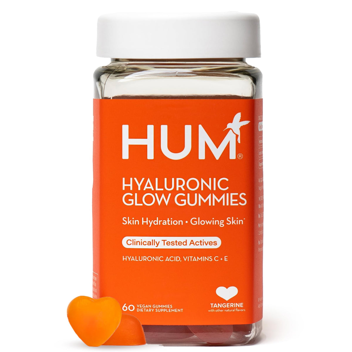 HUM Hyaluronic Glow Hydrating Skin Care Supplement, with Low Molecular Hyaluronic Acid, Vitamin C from Amla Fruit, and Vitamin E, Antioxidant Support for Skin Hydration, Tangerine, 60 Vegan Gummies - Maple Wellness Supplements
