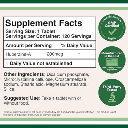 Huperzine A 200mcg (Third Party Tested) 120 Tablets, Brain Supplement to Promote Acetylcholine (Acetylcholinesterase Inhibitor) - Supports Memory and Focus by Double Wood - Maple Wellness Supplements