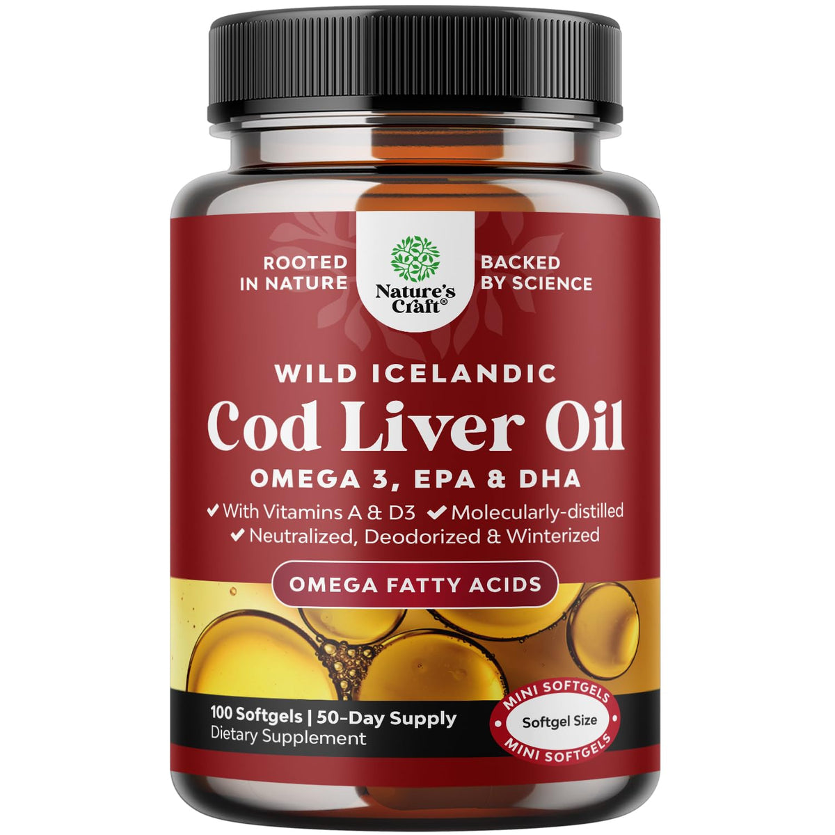 Icelandic Wild Caught Cod Liver Oil Softgels - Fish Omega 3, EPA, DHA, Vitamin D & A, 1000mg Per Serving - Burpless Capsules for Heart - Maple Wellness Supplements