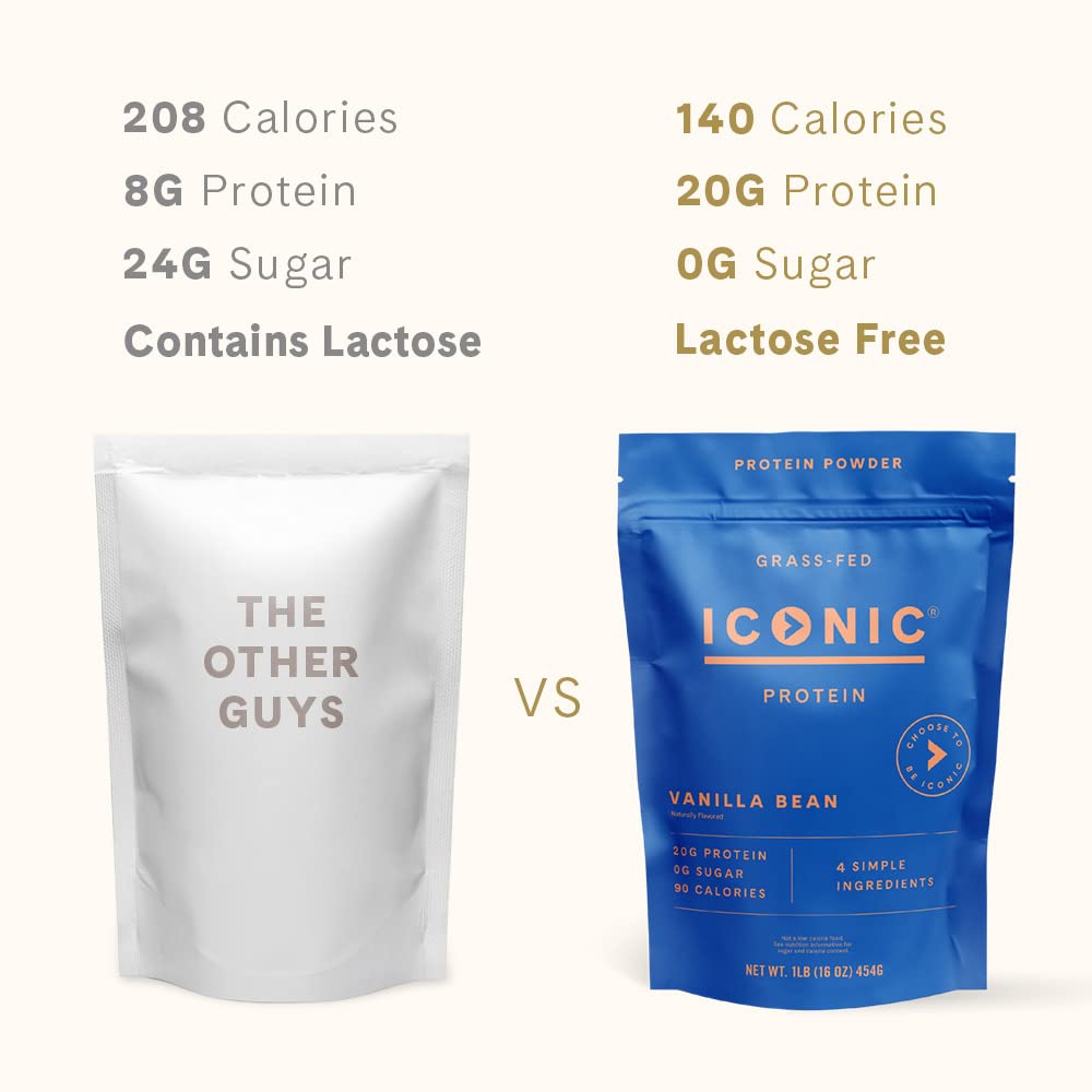 ICONIC Protein Powder, Vanilla Bean - Sugar Free, Low Carb Protein Powder - Lactose Free, Gluten Free, Non-GMO - 20g Grass Fed Whey & Casein Protein - Keto Friendly, 1 lb Pouch (18 Servings) - Maple Wellness Supplements