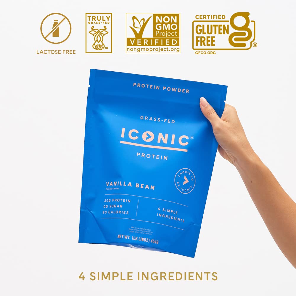 ICONIC Protein Powder, Vanilla Bean - Sugar Free, Low Carb Protein Powder - Lactose Free, Gluten Free, Non-GMO - 20g Grass Fed Whey & Casein Protein - Keto Friendly, 1 lb Pouch (18 Servings) - Maple Wellness Supplements