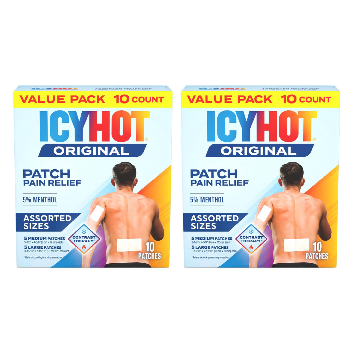 Icy Hot Original Pain Relief Patch Variety Pack with 5% Cooling Menthol for Fast-Acting Muscle and Joint Pain Relief, 5 Medium and 5 Large Comfortable Fabric Patches, 10 Ct., 2 pk - Maple Wellness Supplements