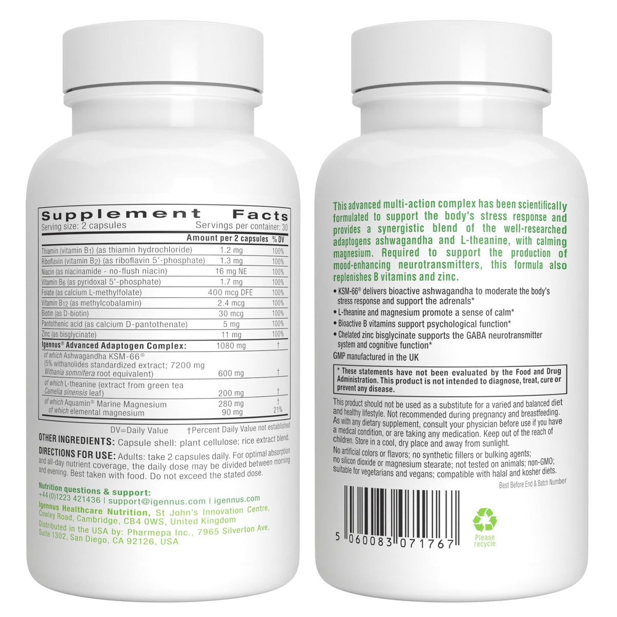 Igennus High Strength Ashwagandha, Magnesium, & L-Theanine Stress Relief Complex, KSM-66 Root Extract Adaptogens, Boosted with Methylfolate, Zinc & Biotin Clean Label, 60 Fast Acting Capsules - Maple Wellness Supplements