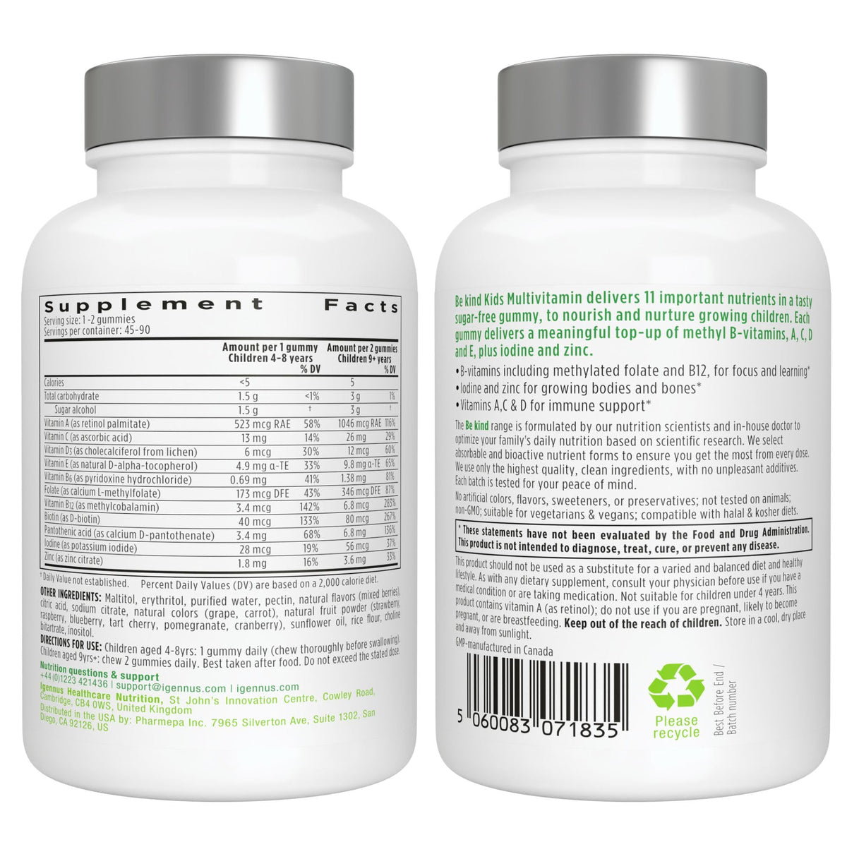 Igennus Methylated Kids Multivitamin Gummies, Clean Label & Third Party Tested, No Artificial Sweeteners or Flavors, Sugar Free, Age 4+, 90 Natural Berry Flavor - Maple Wellness Supplements