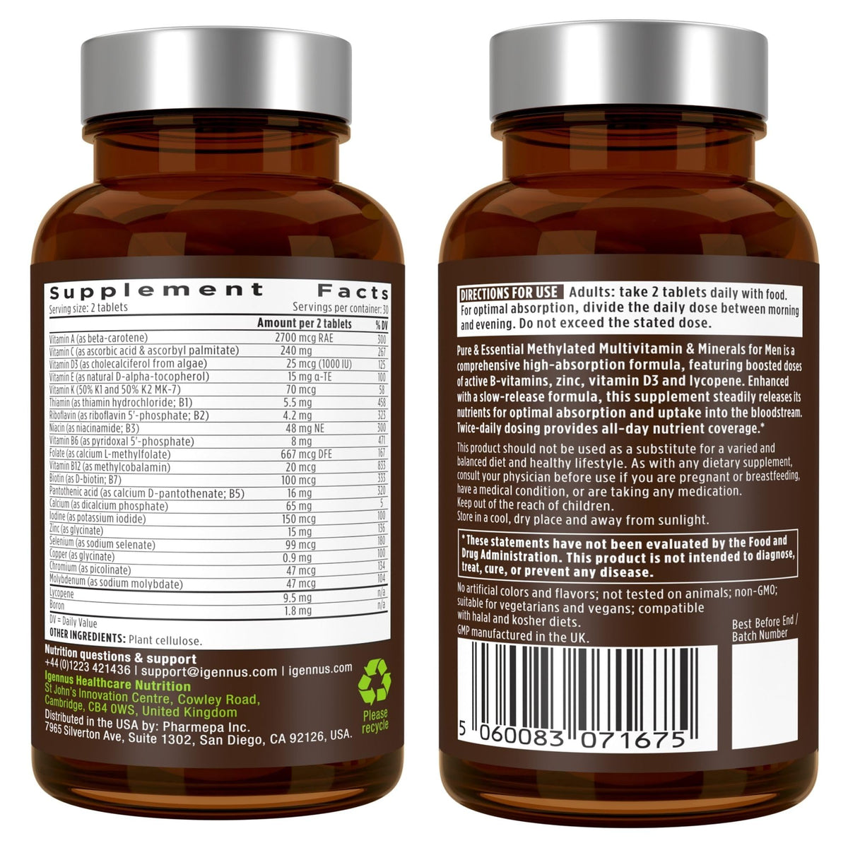 Igennus Methylated Men's Multivitamin with 22 Actives, Added Lycopene for Antioxidant Support, High Potency B12, Sustained Release, - Maple Wellness Supplements